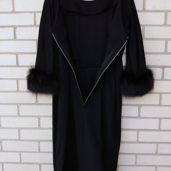 Vintage Black Dress with Fur Cuffs 38.25"B 50s 60s Retro Glamor Wide Neckline - Picture 11 of 16